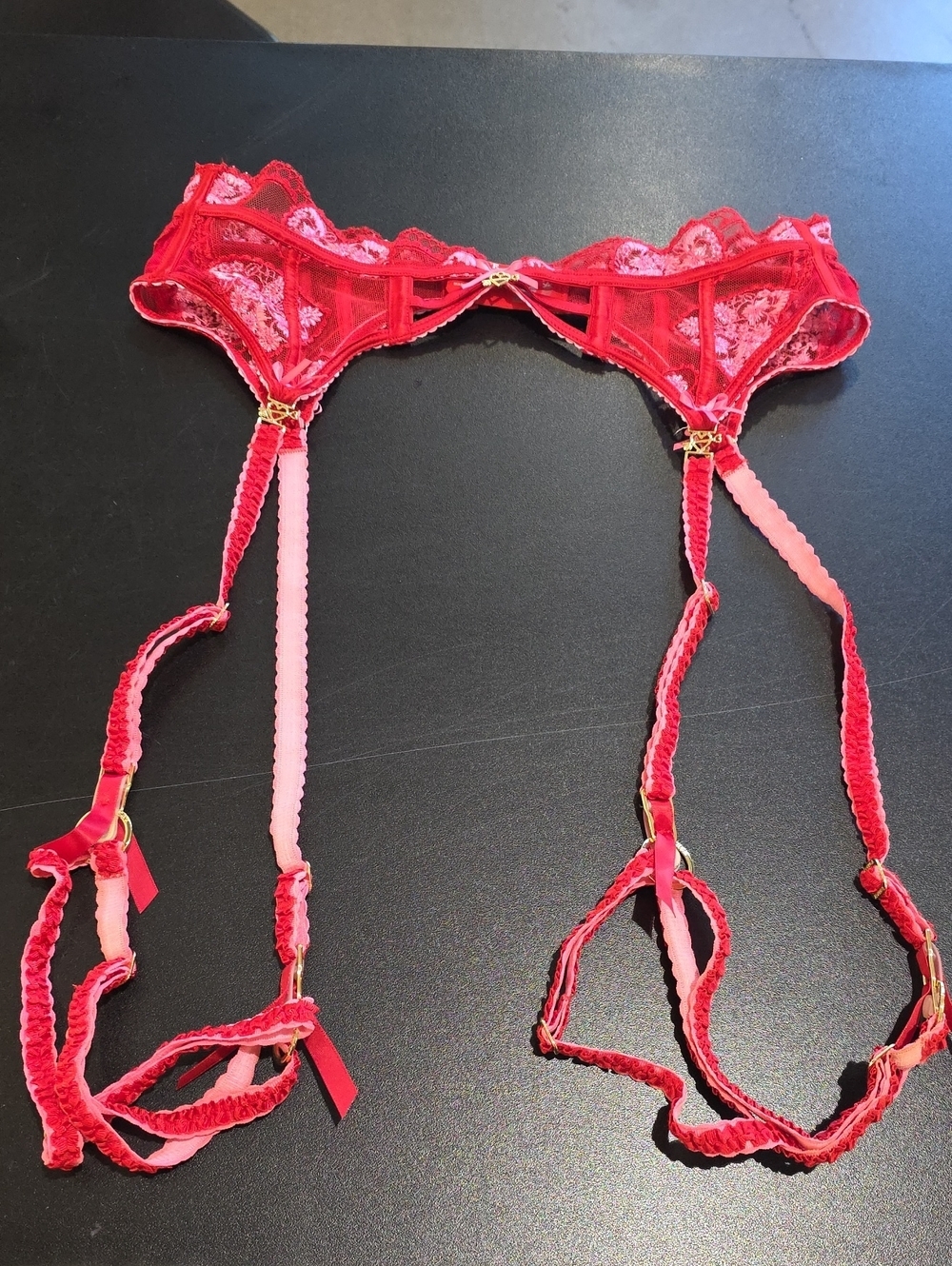 Red Lace Garter Harness with Gold Accents